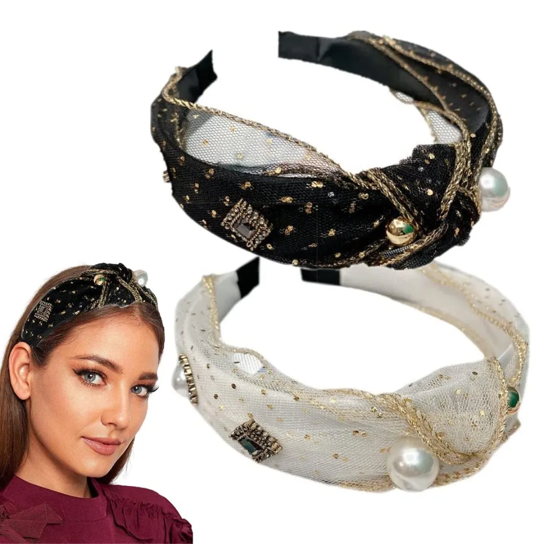 2 Pcs Womens Vintage Headband Exquisite Flash Diamond Pearl Beads Hair Accessories