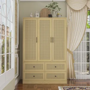 47.2"W Modern Rattan Door Armoire with Spacious Storage Wardrobe