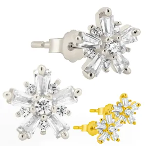 925 Sterling Silver Starburst Design with Cubic Zirconia Earrings Stud Push Backing