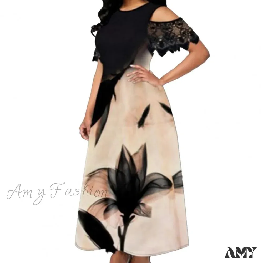 Amy Fashion - Floral Print Lace Summer Slim-fitting Long Dress