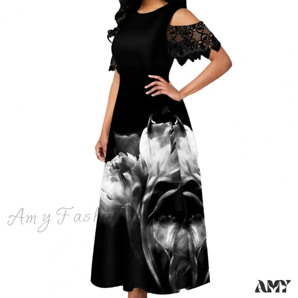 Amy Fashion - Floral Print Lace Summer Slim-fitting Long Dress