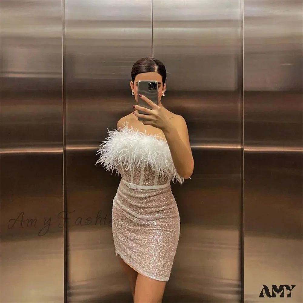 Amy Fashion - Fur Trim Tube Sequins Off-Shoulder Strapless Corset Dress