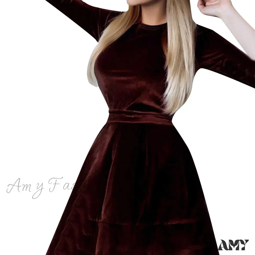 Amy Fashion - Long Sleeve Round Neck Waist Fashion Velvet Dress