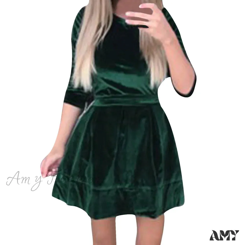 Amy Fashion - Long Sleeve Round Neck Waist Fashion Velvet Dress