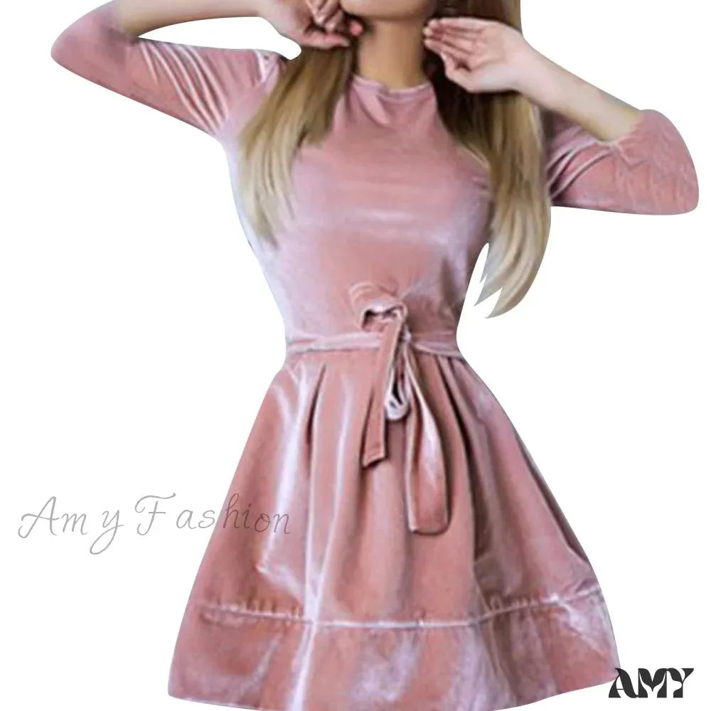 Amy Fashion - Long Sleeve Round Neck Waist Fashion Velvet Dress