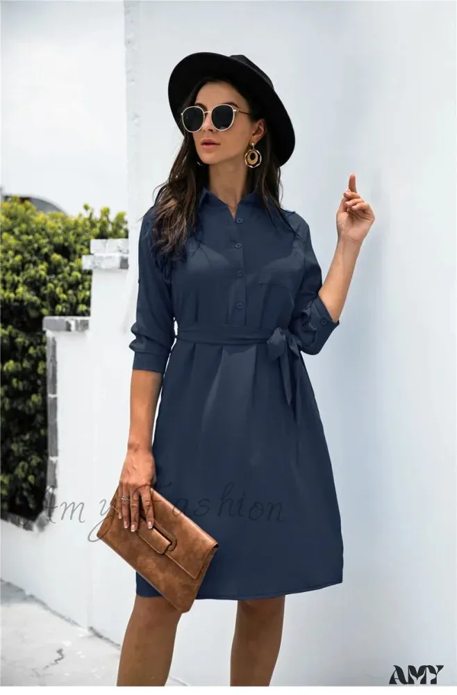 Amy Fashion - Solid Color Button Lapel Sleeve Shirt Dress