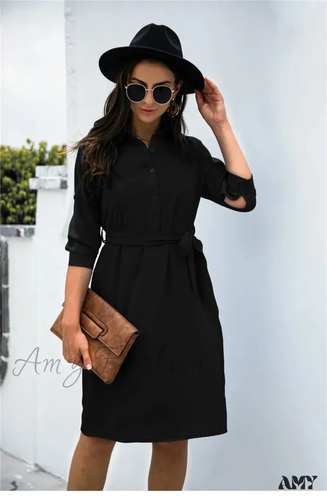 Amy Fashion - Solid Color Button Lapel Sleeve Shirt Dress