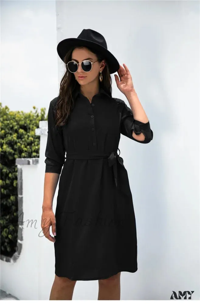 Amy Fashion - Solid Color Button Lapel Sleeve Shirt Dress