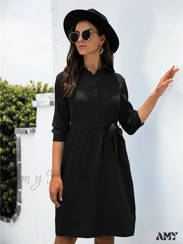 Amy Fashion - Solid Color Button Lapel Sleeve Shirt Dress