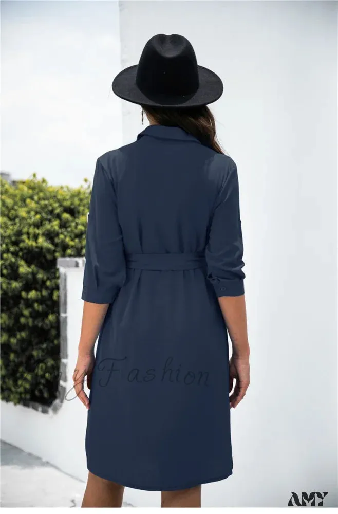 Amy Fashion - Solid Color Button Lapel Sleeve Shirt Dress