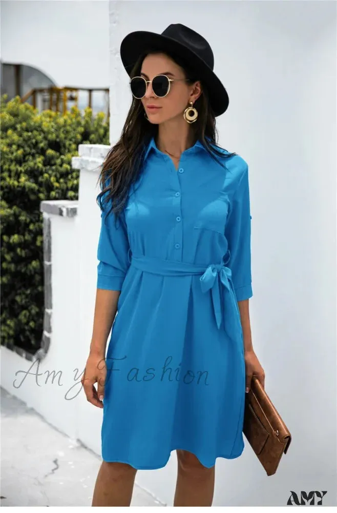 Amy Fashion - Solid Color Button Lapel Sleeve Shirt Dress