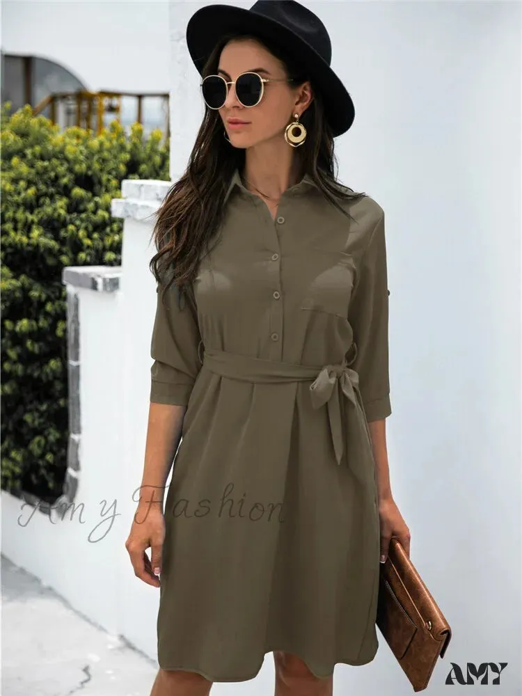 Amy Fashion - Solid Color Button Lapel Sleeve Shirt Dress