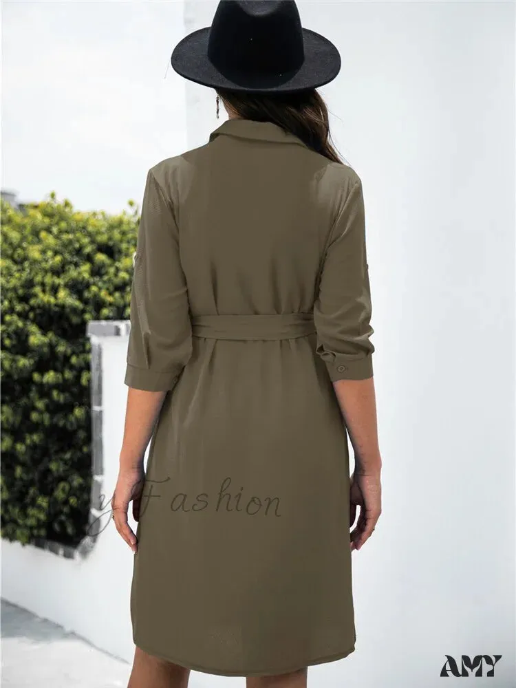 Amy Fashion - Solid Color Button Lapel Sleeve Shirt Dress