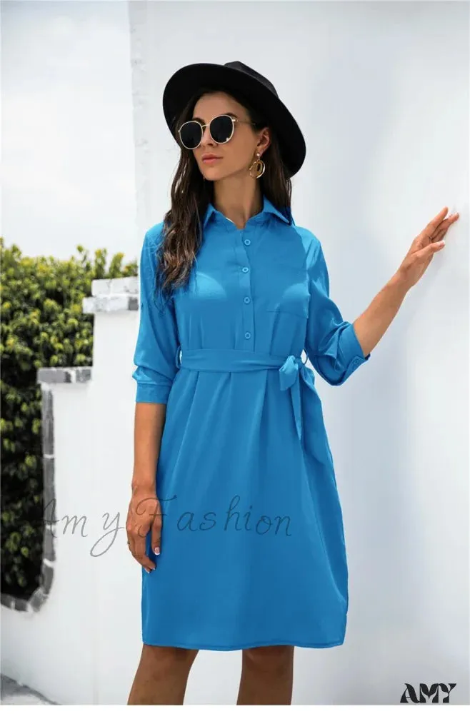 Amy Fashion - Solid Color Button Lapel Sleeve Shirt Dress