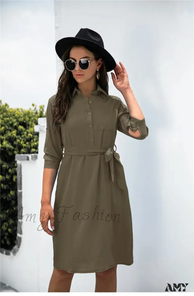 Amy Fashion - Solid Color Button Lapel Sleeve Shirt Dress