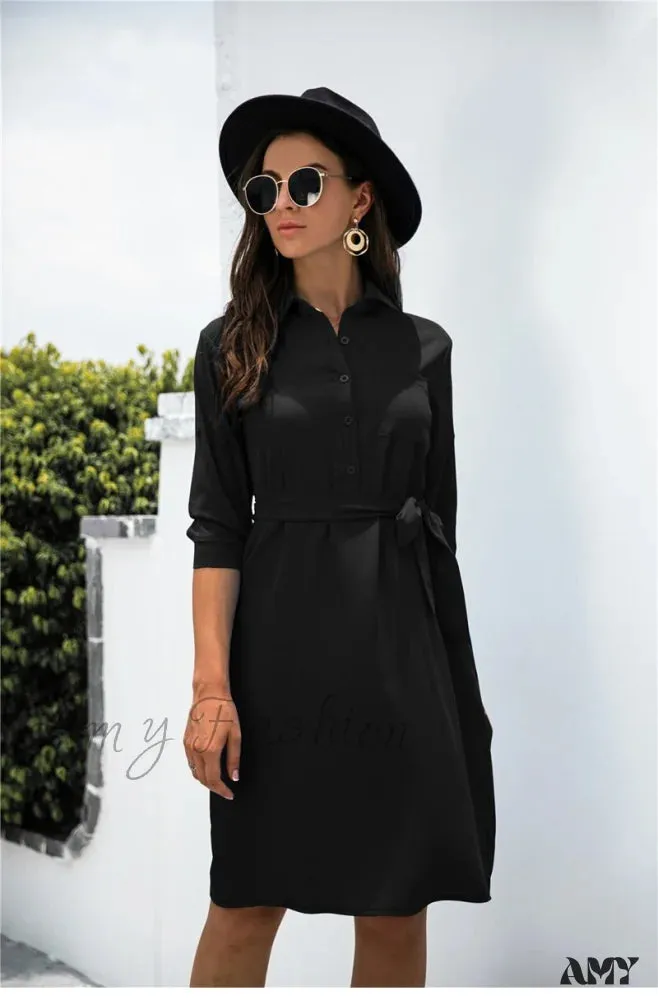 Amy Fashion - Solid Color Button Lapel Sleeve Shirt Dress