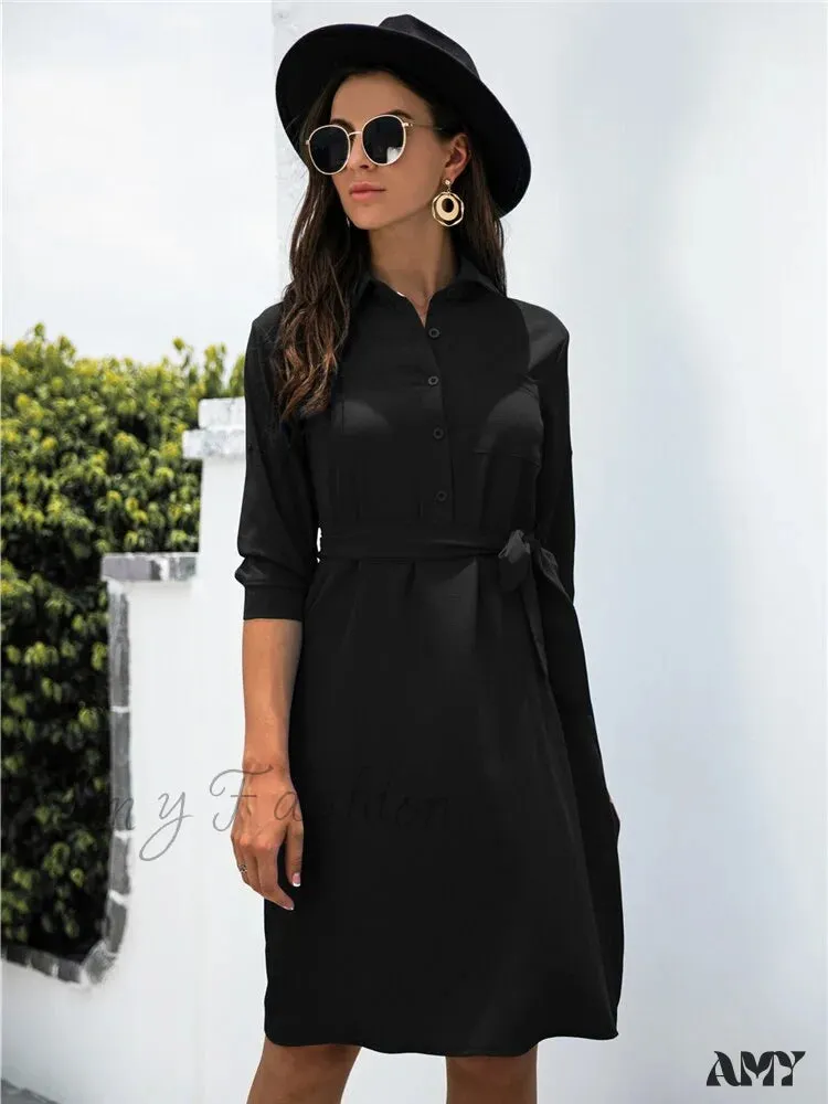 Amy Fashion - Solid Color Button Lapel Sleeve Shirt Dress