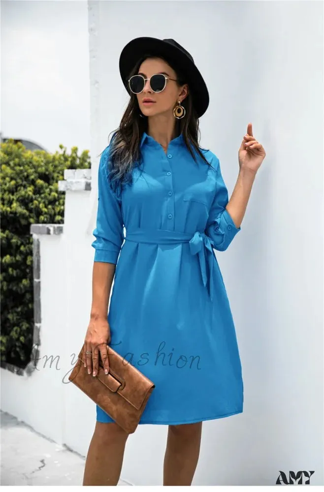 Amy Fashion - Solid Color Button Lapel Sleeve Shirt Dress