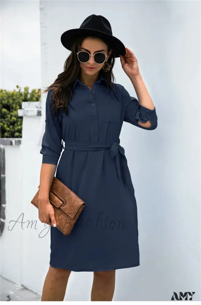 Amy Fashion - Solid Color Button Lapel Sleeve Shirt Dress