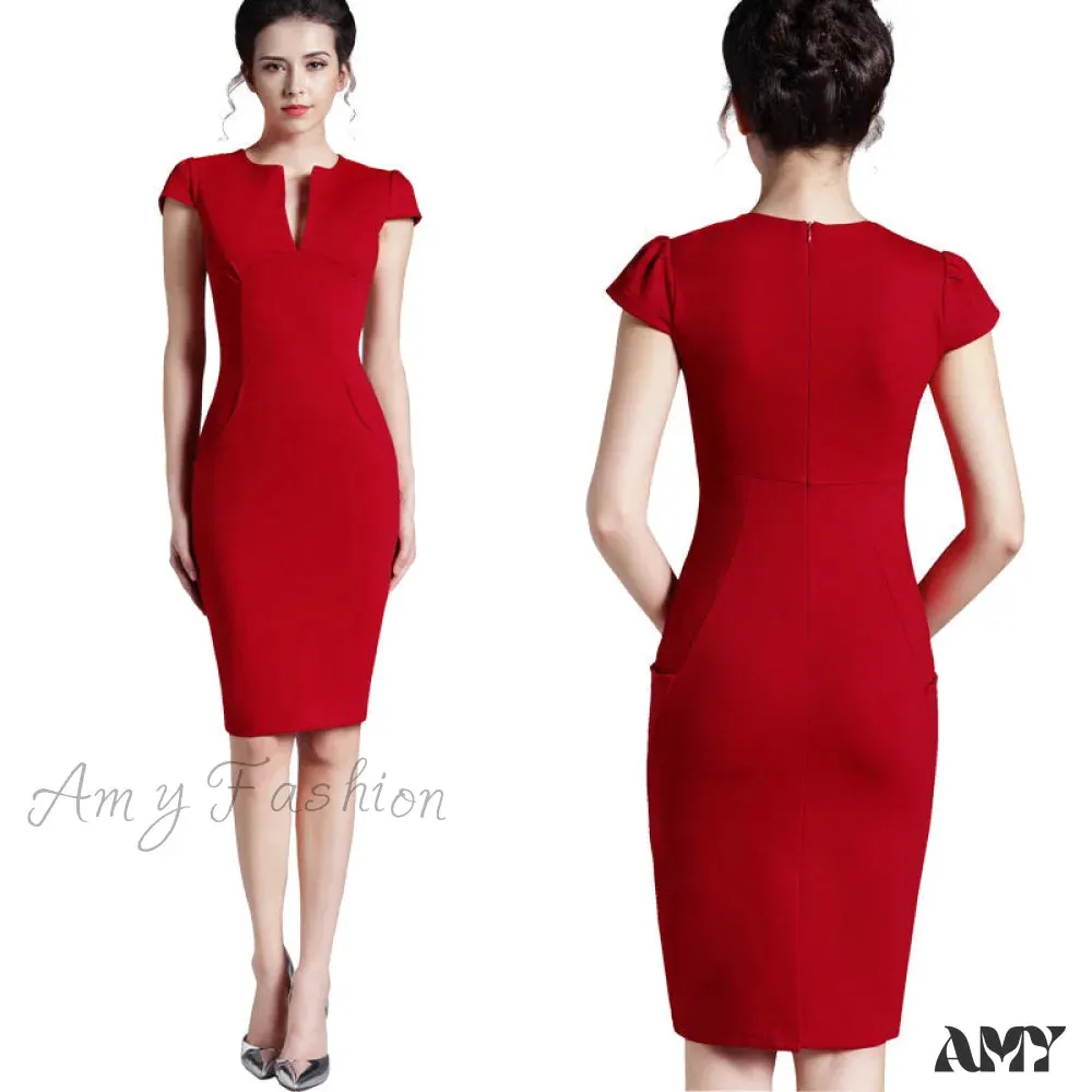 Amy Fashion - Solid Deep V neck Zipper Back Formal Stretch Pencil Dress