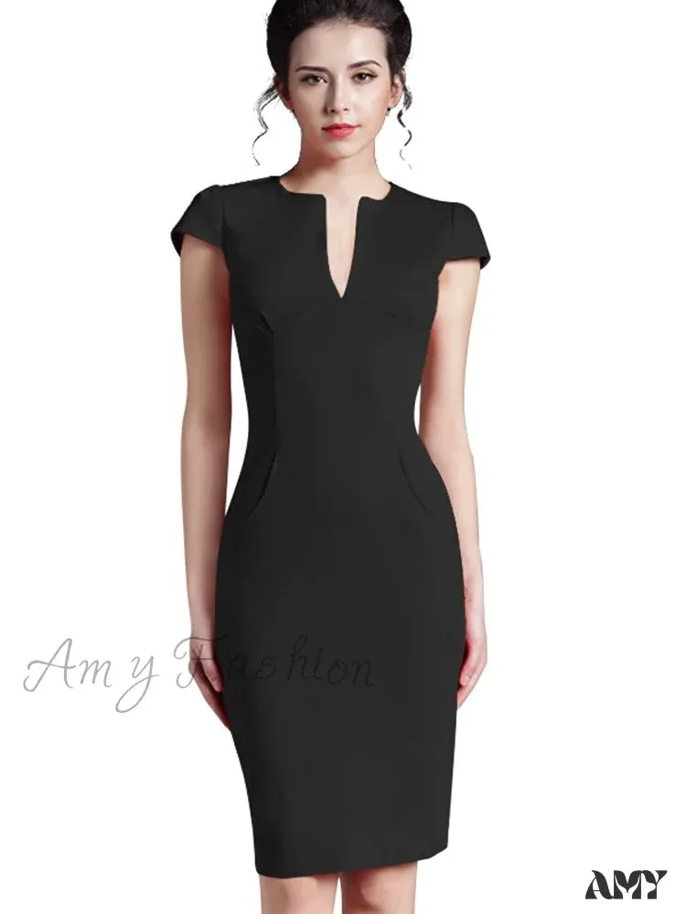 Amy Fashion - Solid Deep V neck Zipper Back Formal Stretch Pencil Dress