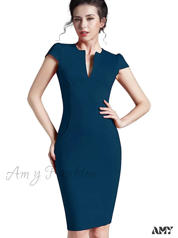 Amy Fashion - Solid Deep V neck Zipper Back Formal Stretch Pencil Dress