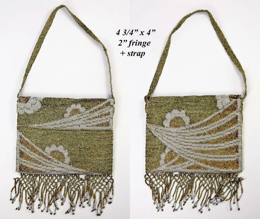 Antique French Made Metal Micro Beaded Bead Bag, Purse, Roaring 20s Fringe