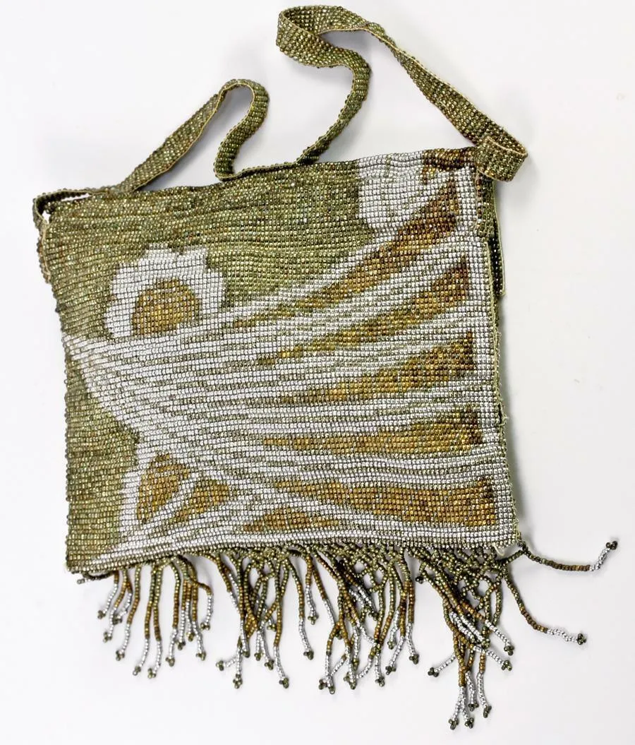 Antique French Made Metal Micro Beaded Bead Bag, Purse, Roaring 20s Fringe