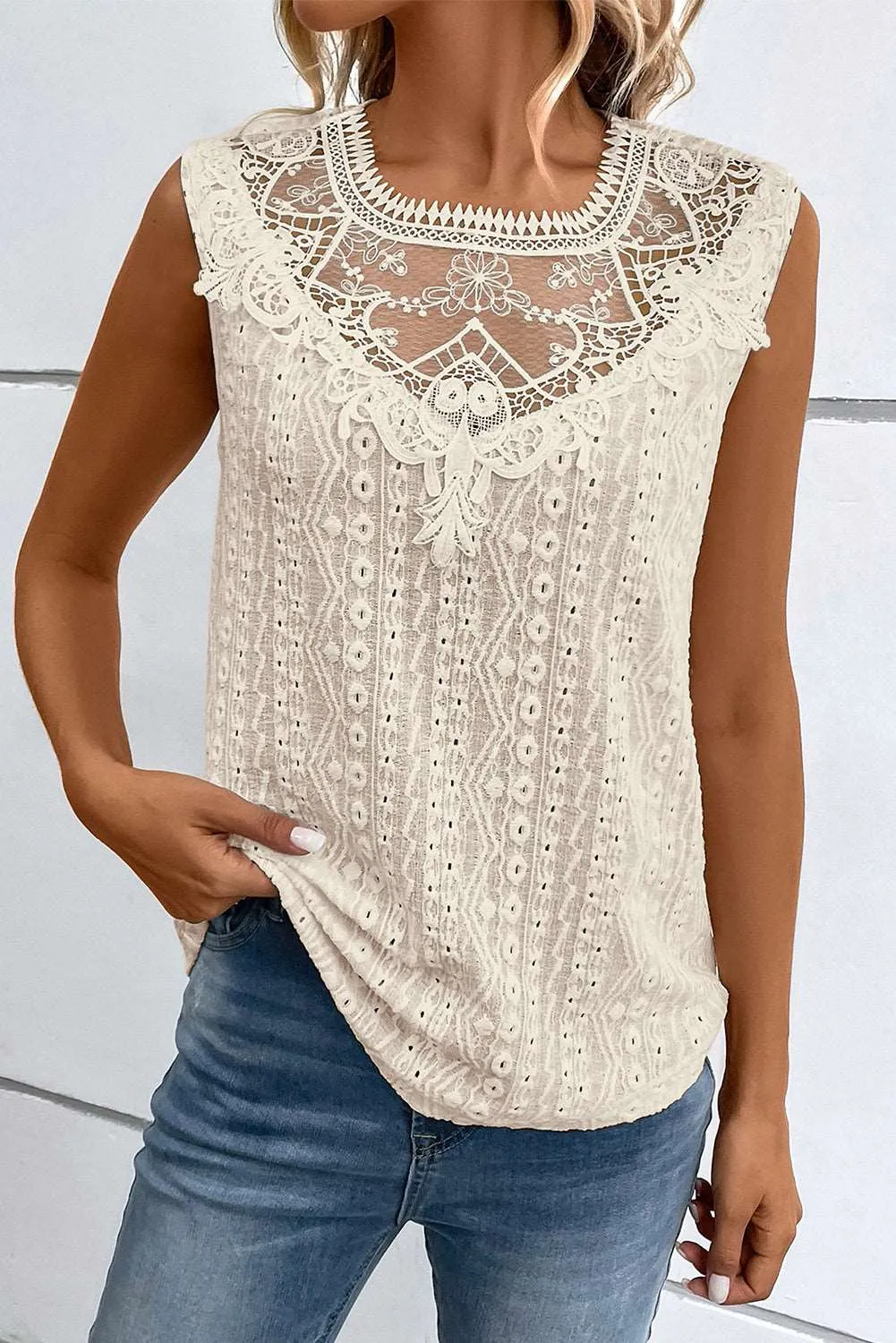 Apricot Guipure Lace Crochet Keyhole Back Sleeveless Top