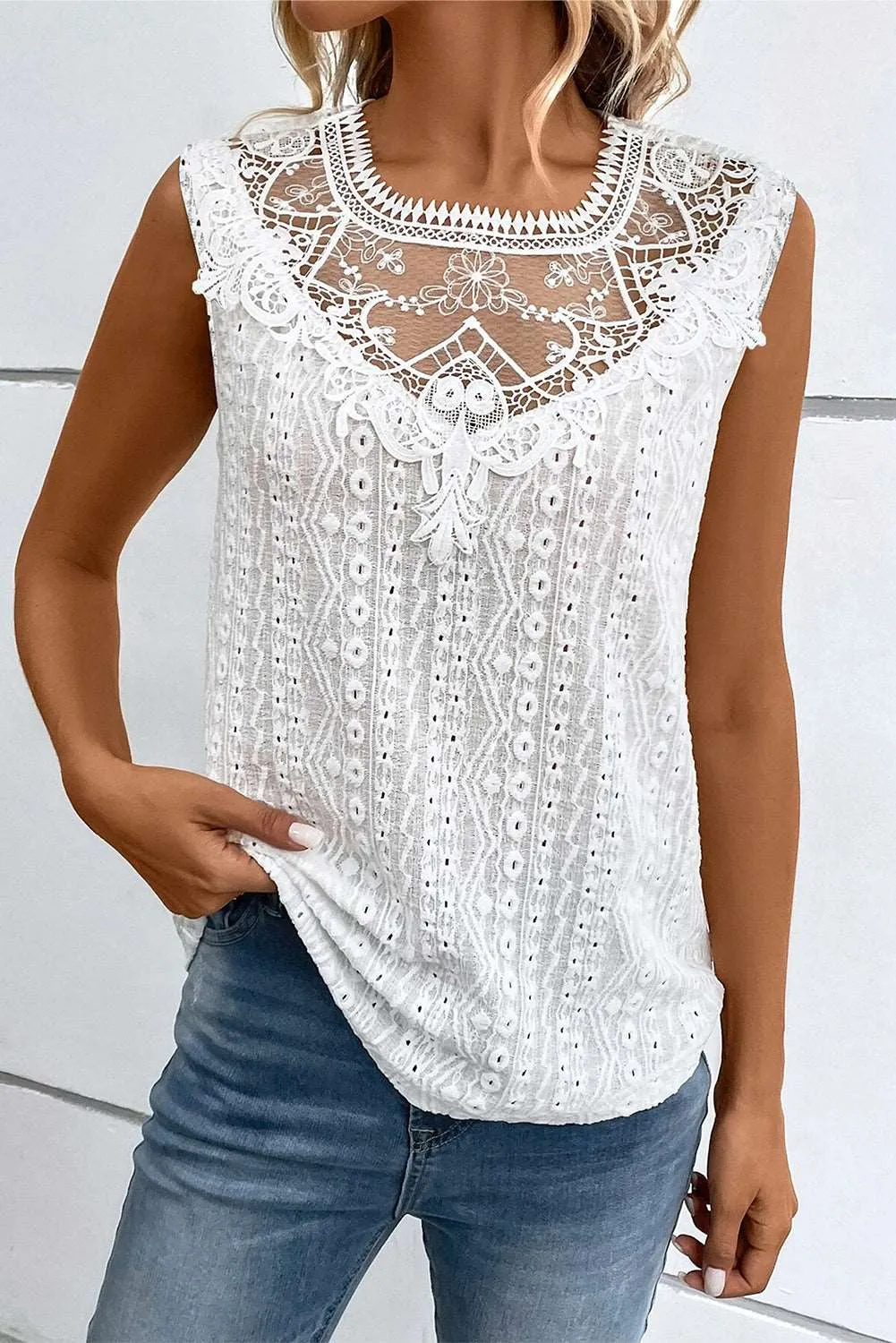 Apricot Guipure Lace Crochet Keyhole Back Sleeveless Top