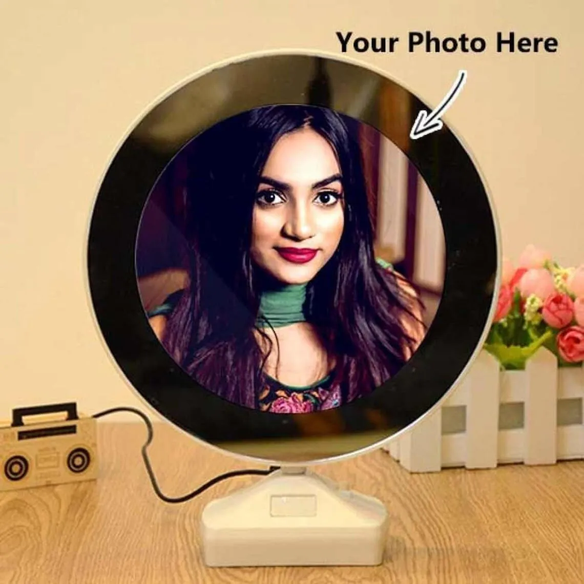 Artistic India Led Magic Mirror Photo Frame With Charging Cable,Can be Customise/Personalised for loved ones on any occassion (Round)