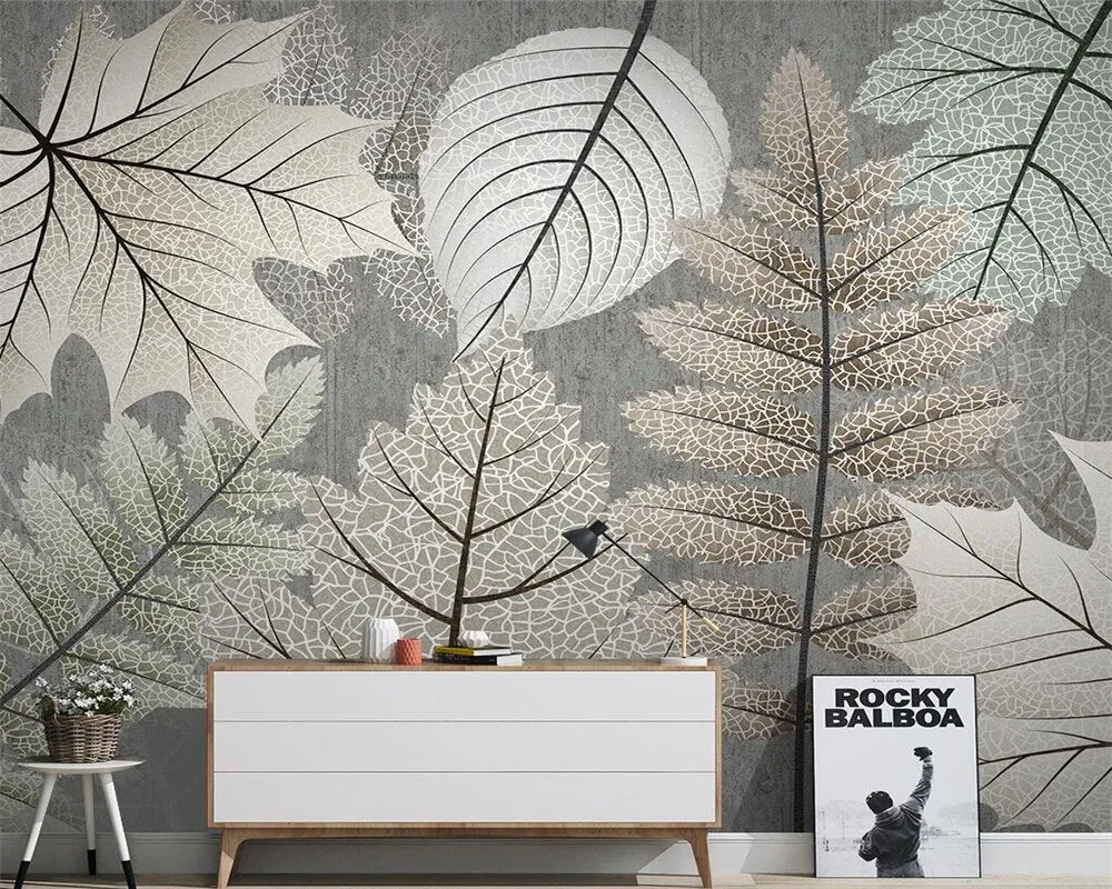 Artistic Monochrome Leaf Mural Wallpaper