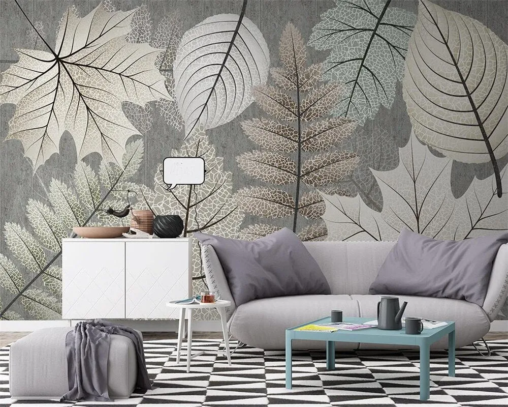 Artistic Monochrome Leaf Mural Wallpaper