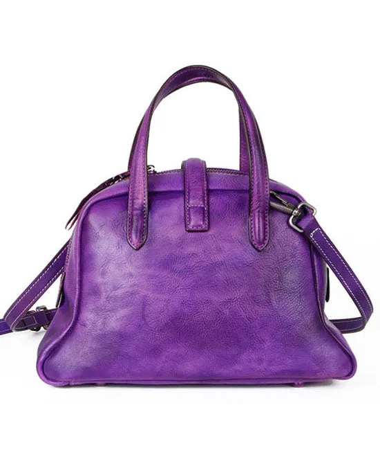 Beautiful Purple Embossing Paitings Calf Leather Satchel Handbag