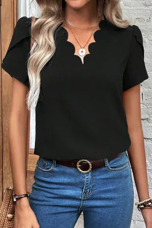 Black Scallop Trim V Neck Petal Sleeve Blouse