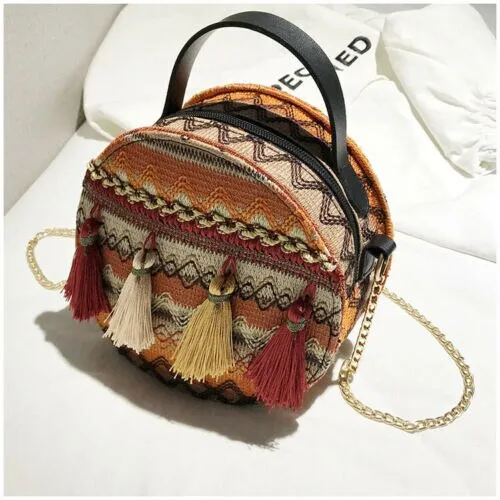 Boho Canteen Purse With Tassels Blue Or Gold You Choose Ethnic Print Round Over The Shoulder Crossbody Bag With Gold Chain Strap Bohemian Messenger Handbag