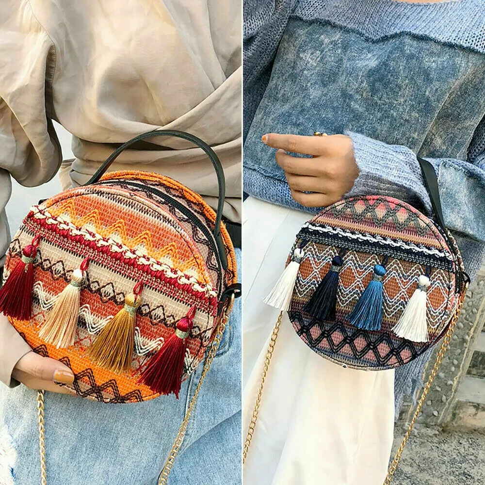 Boho Canteen Purse With Tassels Blue Or Gold You Choose Ethnic Print Round Over The Shoulder Crossbody Bag With Gold Chain Strap Bohemian Messenger Handbag