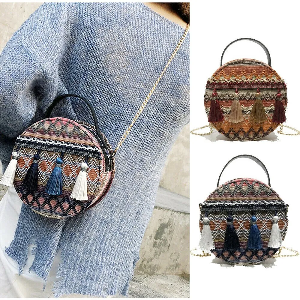 Boho Canteen Purse With Tassels Blue Or Gold You Choose Ethnic Print Round Over The Shoulder Crossbody Bag With Gold Chain Strap Bohemian Messenger Handbag