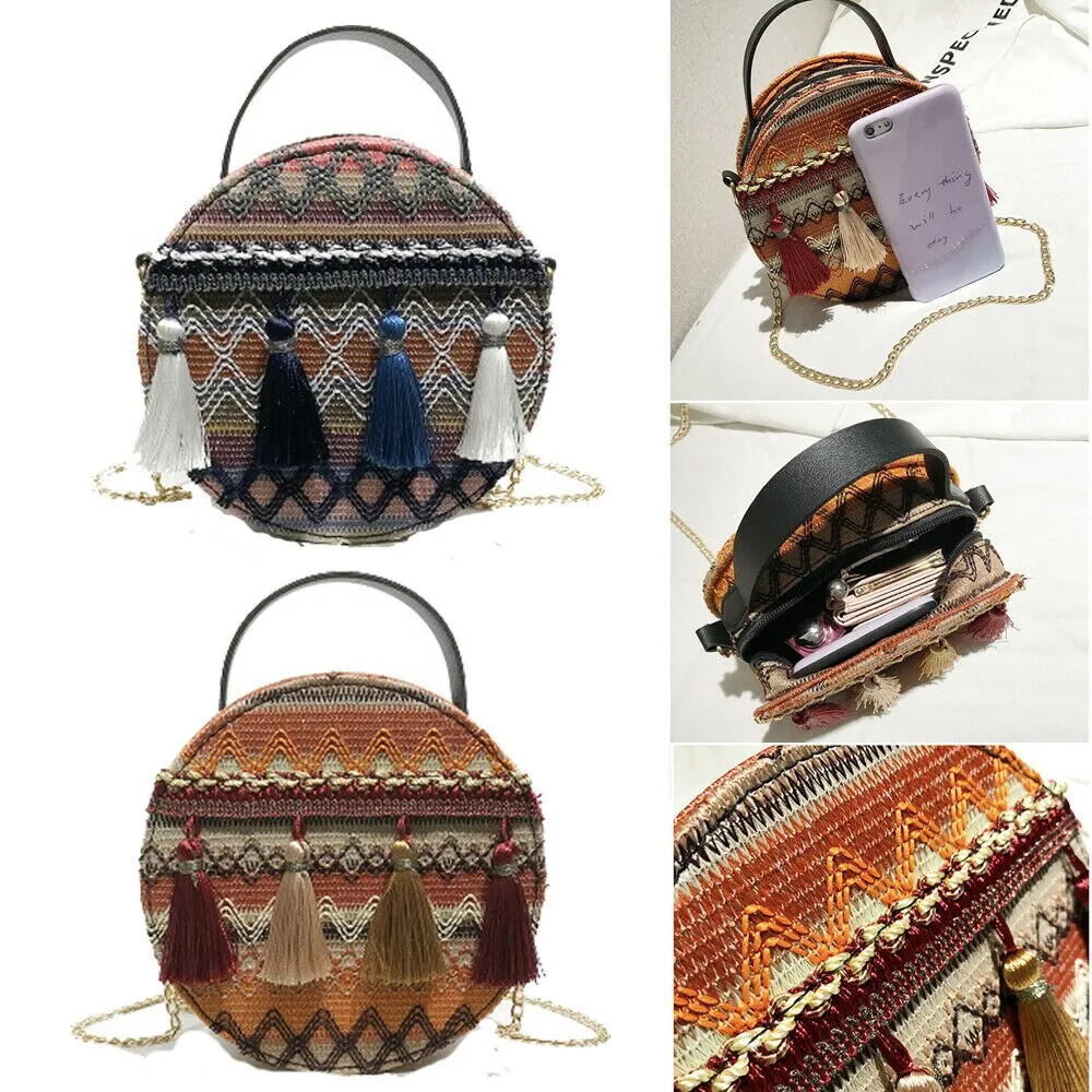 Boho Canteen Purse With Tassels Blue Or Gold You Choose Ethnic Print Round Over The Shoulder Crossbody Bag With Gold Chain Strap Bohemian Messenger Handbag