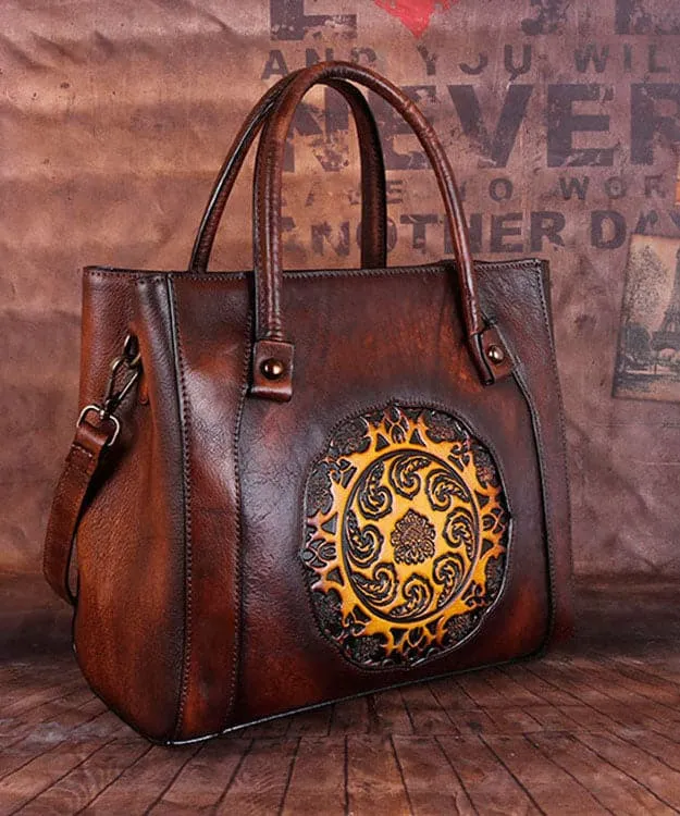 Boho Chocolate Embossing Paitings Calf Leather Tote Handbag