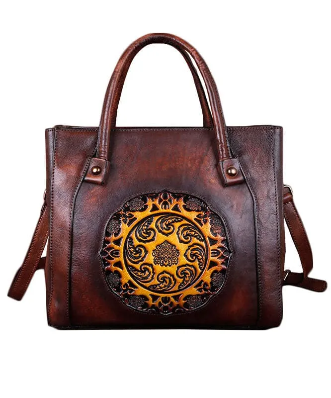 Boho Chocolate Embossing Paitings Calf Leather Tote Handbag