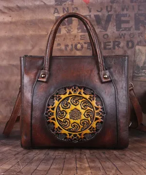 Boho Chocolate Embossing Paitings Calf Leather Tote Handbag