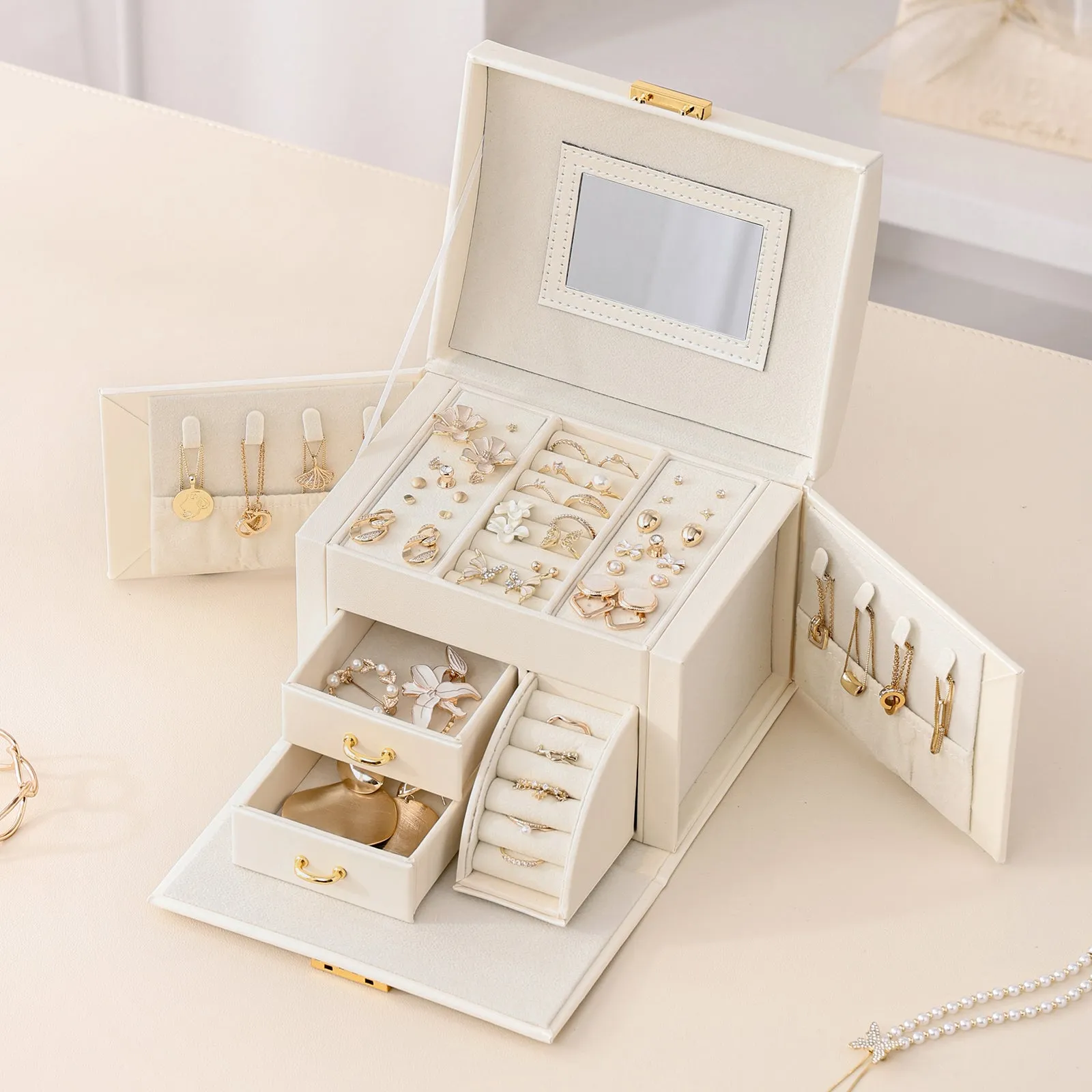 Casegrace Jewelry Organizer with Mirror 2 Drawers & Lock