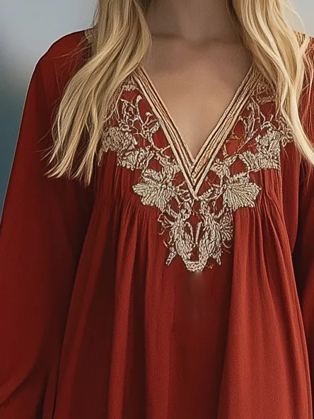 Casual Loose Fit Embroidered Tassel Long Sleeve Mini Dress