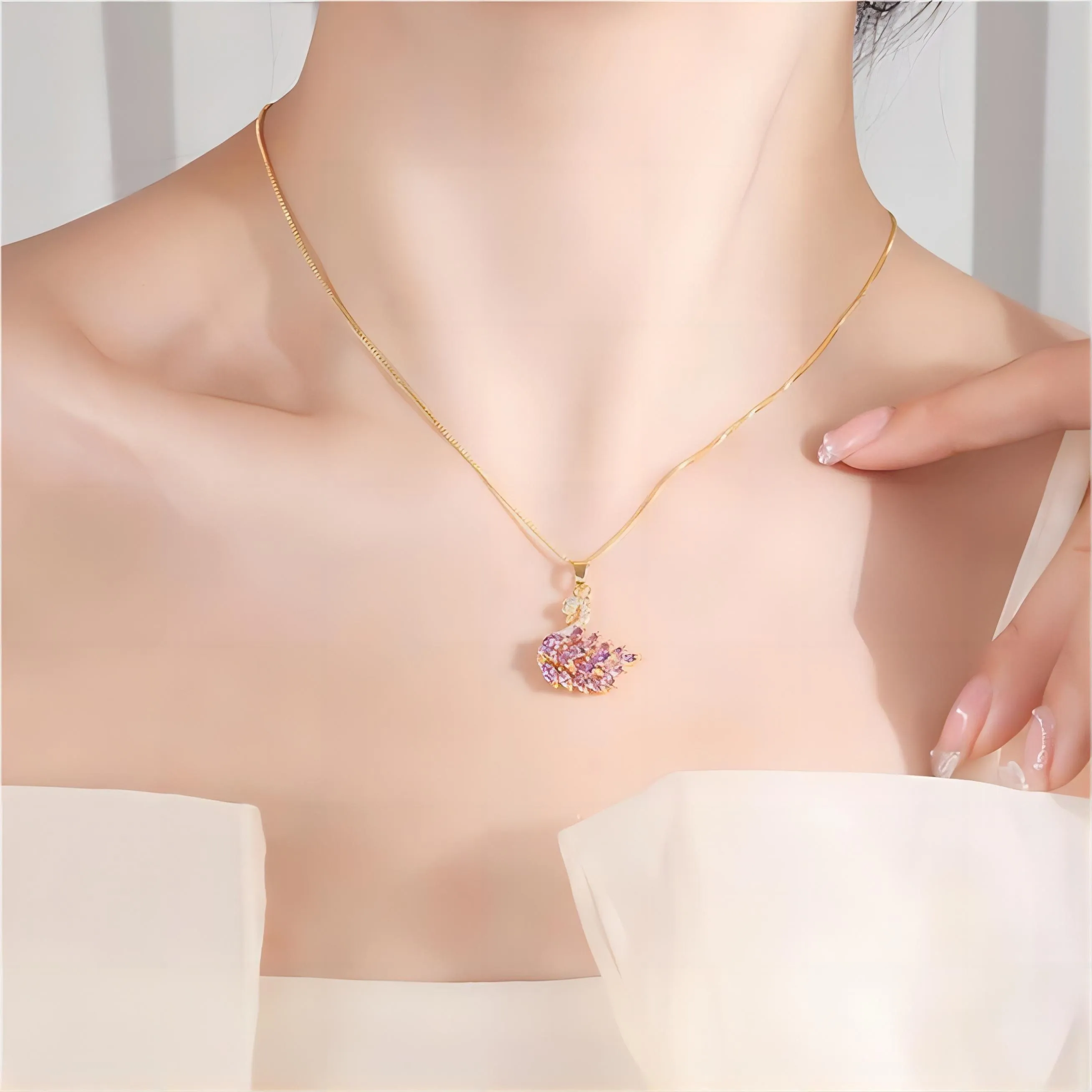 Colorful Crystal Swan Pendant Necklace