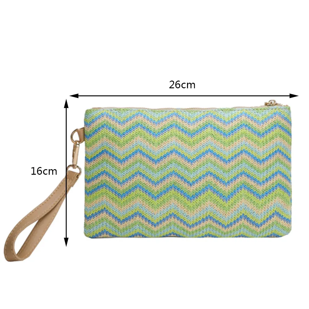 Colorful Wave Straw Woven Bag Women's Flip Clutch Bag Summer Beach Handbag Hand-woven Bag Mobile Phone Bag Female Purse Wallet