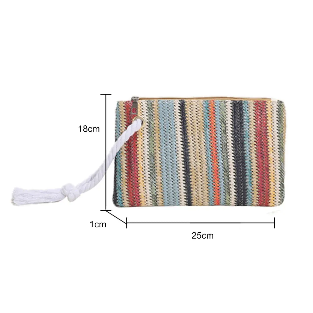 Colorful Wave Straw Woven Bag Women's Flip Clutch Bag Summer Beach Handbag Hand-woven Bag Mobile Phone Bag Female Purse Wallet