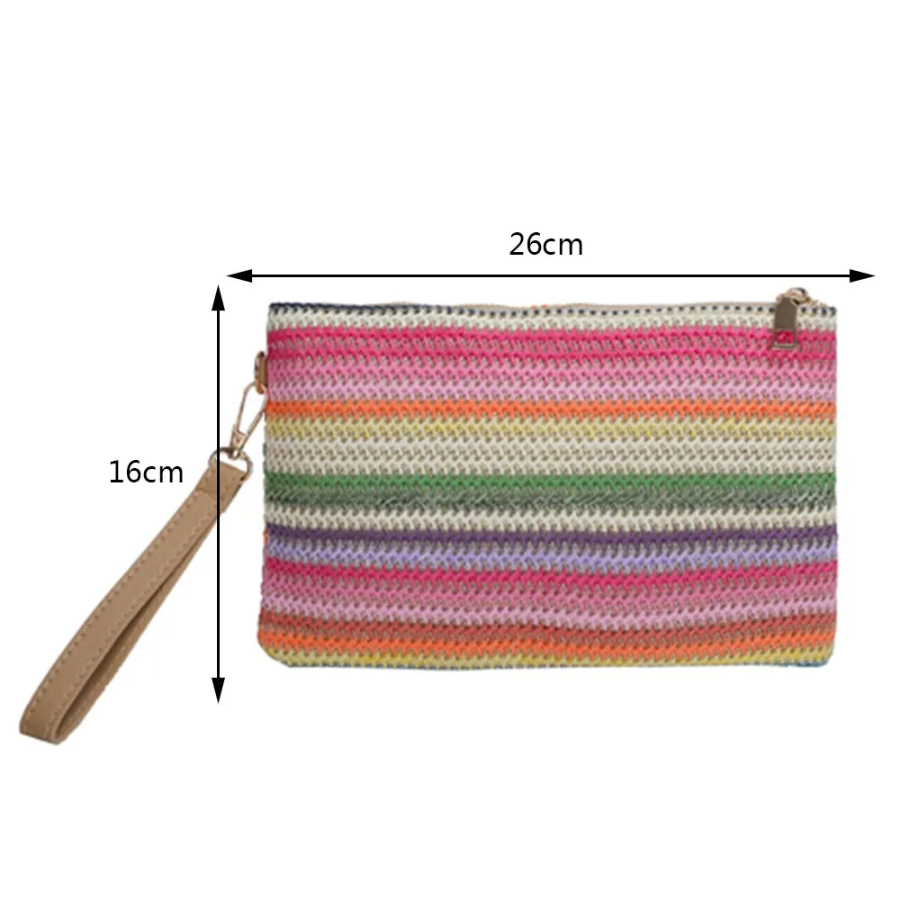 Colorful Wave Straw Woven Bag Women's Flip Clutch Bag Summer Beach Handbag Hand-woven Bag Mobile Phone Bag Female Purse Wallet