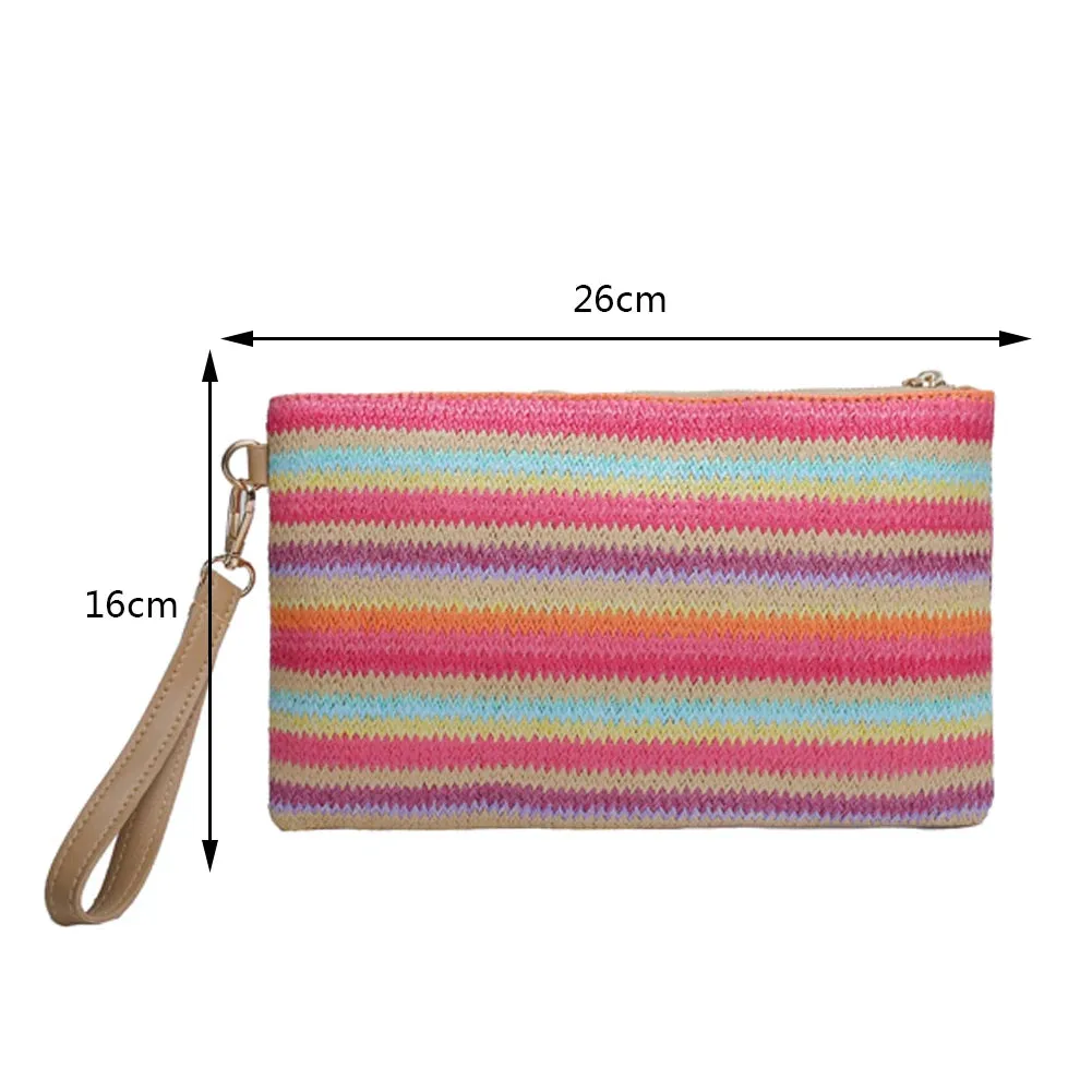 Colorful Wave Straw Woven Bag Women's Flip Clutch Bag Summer Beach Handbag Hand-woven Bag Mobile Phone Bag Female Purse Wallet