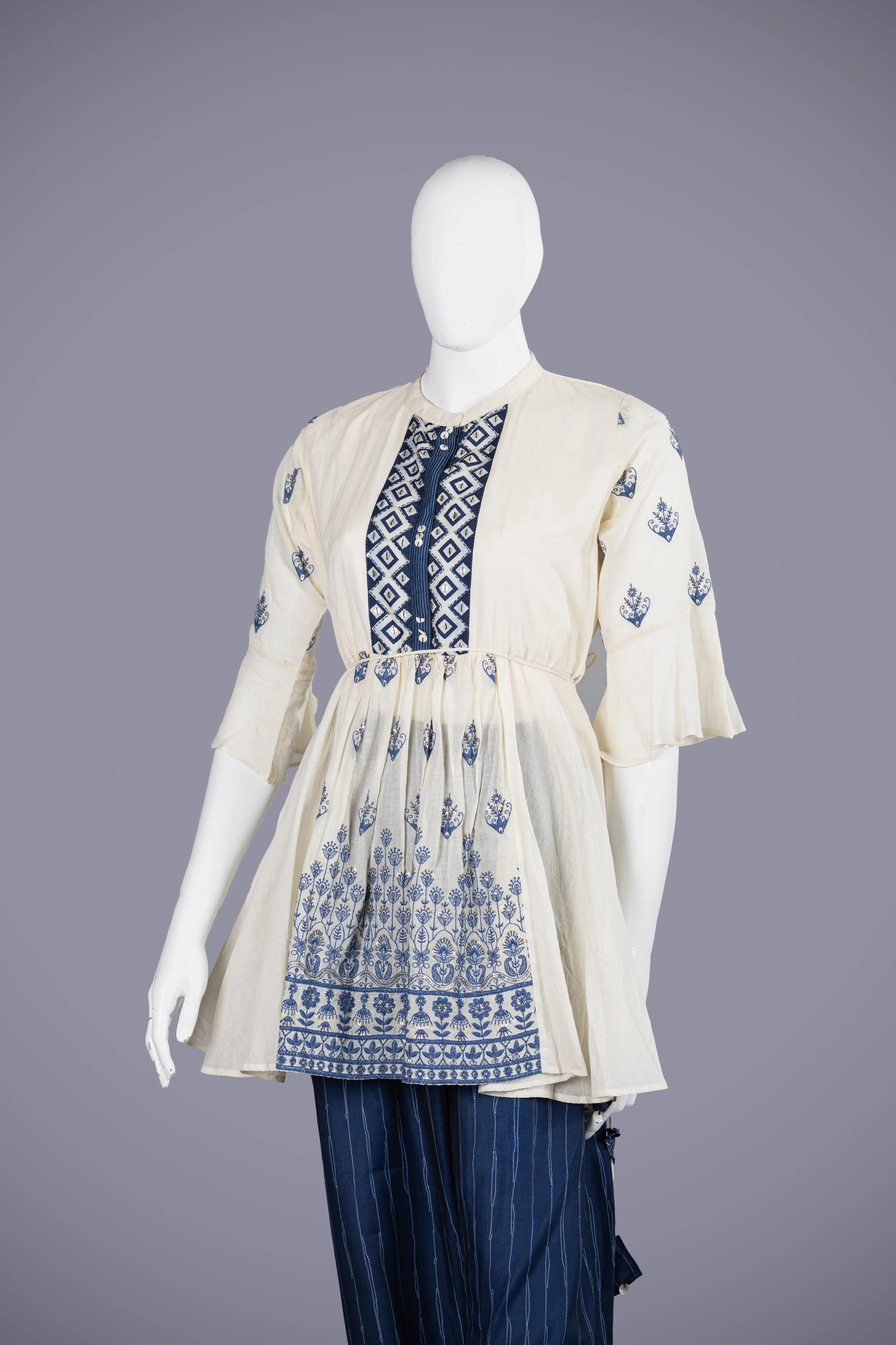 Cream & Blue Cotton Kurti Set with Exquisite Resham Work